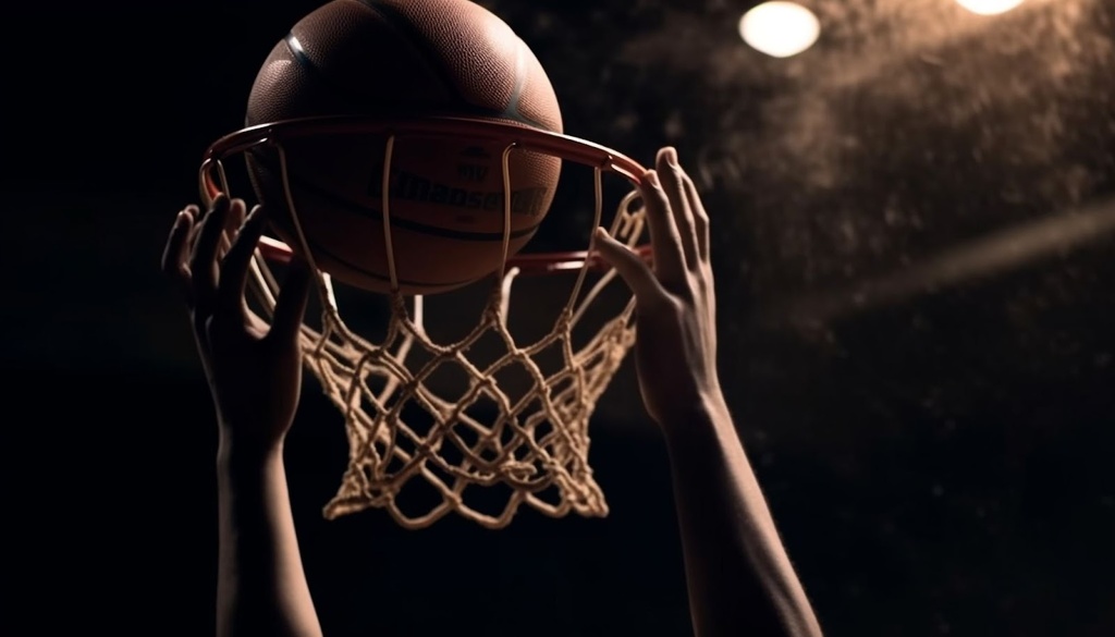 Par de mãos se segurando em um aro de uma cesta de basquete, com a bola ameaçando cair.