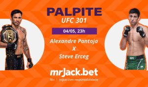 Representação gráfica com as imagens dos escudos de Alexandre Pantoja vs Steve Erceg para o jogo do UFC 301.