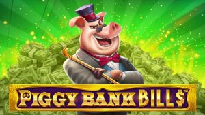 Porco de terno em frente uma pilha do de dinheiro simbolizando o jogo de slot Piggy Bank Bills.
