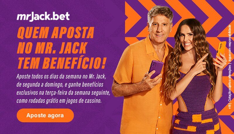 Imagem de divulação com o ex jogador Renato Gaucho e a atriz Débora Seccoh usando roupas roxas e laranja da marca Mr. Jack com texto falando sobre apostas esportivas